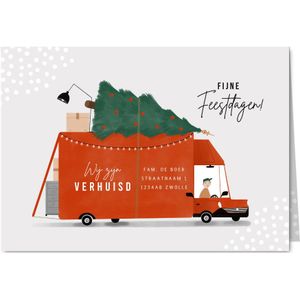 Hippe kerstverhuiskaart rode verhuisbus kerstboom en sneeuw