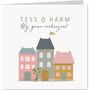 Verhuiskaart gekleurde huisjes en vlaggetjes