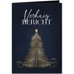 Kerst- en verhuiskaart met goud lijntekening boom dozen