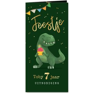 Kinderfeestje uitnodiging dinosaurus t-rex slingers confetti