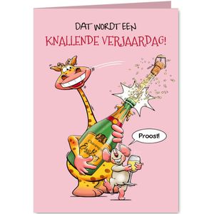 Leuke en knallende verjaardagskaart met giraf en muis