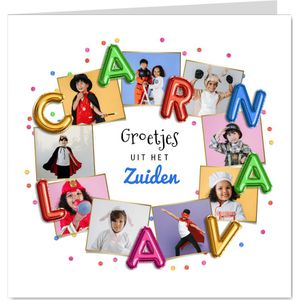 Carnavalskaart foto's kostuums folieballonnen confetti