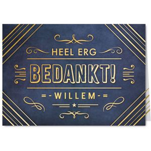Stoere blauwe bedankt kaart met naam in art-deco stijl