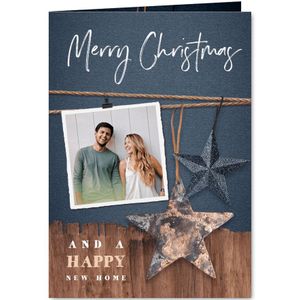 Kerst verhuiskaart met hout, sterren en foto's