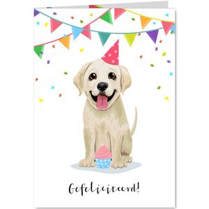 Verjaardagskaart vrolijke puppy cupcake confetti en slingers