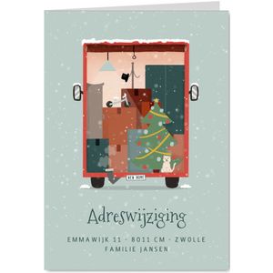 Verhuiskaartje kerst met verhuiswagen en sneeuw