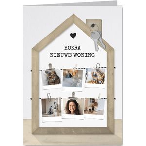 Collagekaart nieuw huis met houten huisje en fotocollage