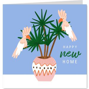 Vrolijke felicitatiekaart verhuizen met plant en papegaaien