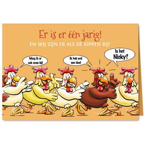 Leuke verjaardagskaart 5 kippen die in polonaise lopen