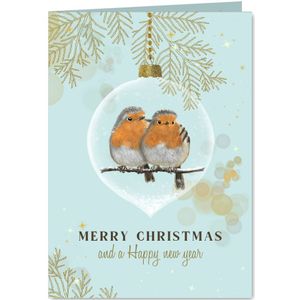 Kerstkaart roodborstjes samen in glazen kerstbal