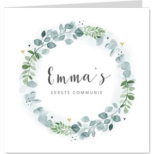 Communie uitnodiging eucalyptus krans gouden hartjes