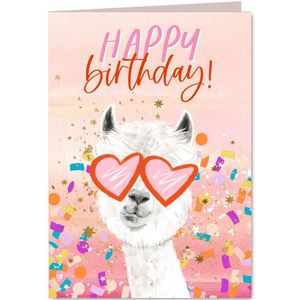 Verjaardagskaart alpaca confettiballon goud watercolour