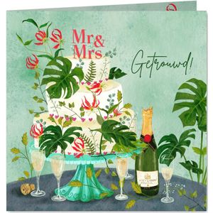 Botanisch versierde bruidstaart met champagne