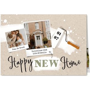 Verhuiskaart 'Happy new home' met verfroller en spetters