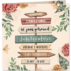 Uitnodigingskaart 40 jarig jubileum wegwijzers bloemen