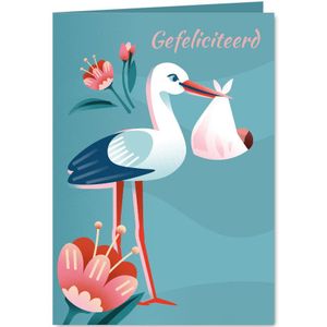 Felicitatie geboorte ooievaar met baby en bloemen