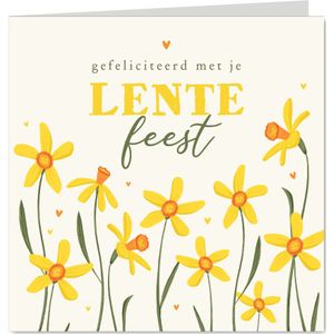 Felicitatie lentefeest meisje narcissen bloemen vrolijk