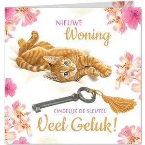 Felicitatiekaart nieuwe woning kat met sleutel en bloemen