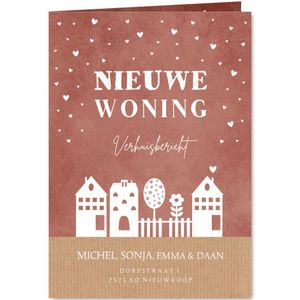 Verhuiskaart roestbruin huisjes & hartjes