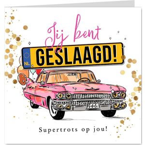Stijlvolle geslaagdkaart rijbewijs auto confetti goud
