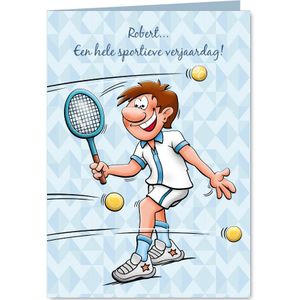Leuke verjaardagskaart met man die tennist