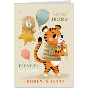 Uitnodiging kinderfeestje met tijger ballonnen en confetti