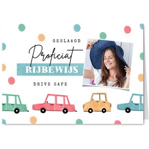 Felicitatiekaart geslaagd rijbewijs confetti auto foto