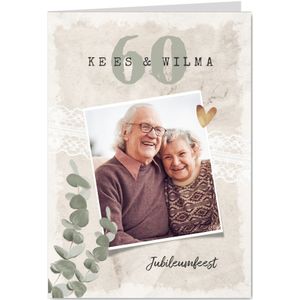 Fotokaart uitnodiging vintage kant eucalyptus goud