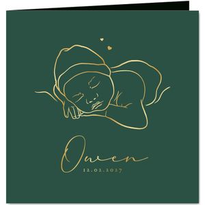 Newborn baby geboortekaartje jongen lijntekening goud