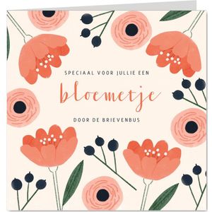 Felicitatiekaart vrouw rode bloemetjes door de brieven