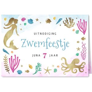 Kinderfeestje uitnodiging zwemfeestje zeemeermin goud water