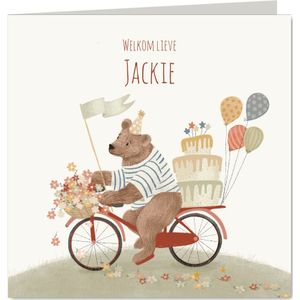 Felicitatie geboorte met een beer op een fiets met taart