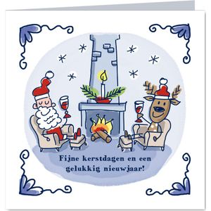 Delfts blauw kerstkaartje bij de open haard