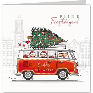 Kerstkaart volkswagen busje rood met gezin