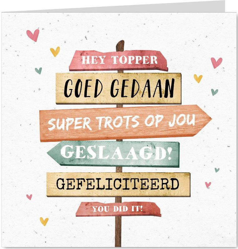 Geslaagd kaart gefeliciteerd wegwijzers trots hartjes