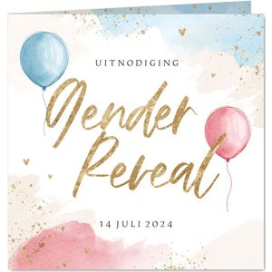 Uitnodiging gender reveal party ballon blauw roze waterverf
