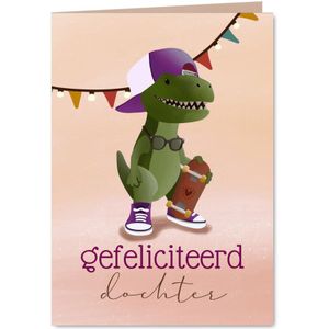 Verjaardagskaart voor dochter stoere dino en skateboard