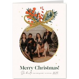 Zakelijke kerstkaart foto kerstbal kerstornament strik goud