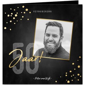 Uitnodigingskaart verjaardag 50 jaar gouden spetters en foto