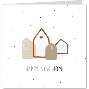 Felicitatiekaart Happ new home met illustraties van huisjes