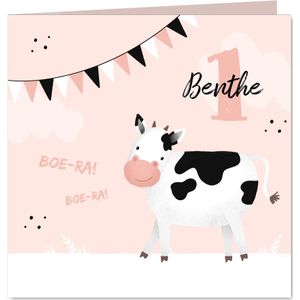 Verjaardagskaart koe 1 jaar meisje lief roze