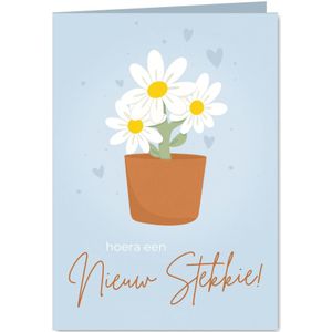 Vrolijk blauw felicitatiekaartje nieuwe woning met bloemen