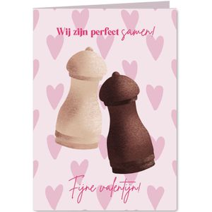 Valentijnskaart met peper en zout stel en hartjes
