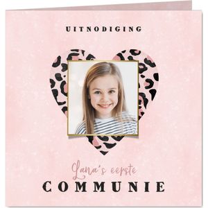 Uitnodiging eerste communie panterprint hart roze waterverf