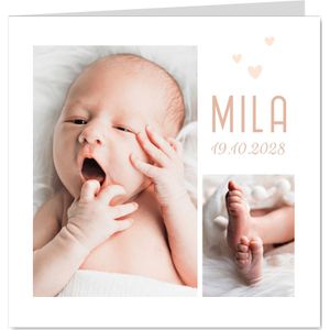 Lief geboortekaartje met twee foto's en hartjes