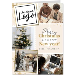 Kerstkaart zalijk collage postzegel goudfolie logo kerstbal