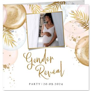 Uitnodiging gender reveal party met ballonnen en goud