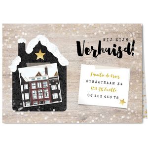 Hippe Kerst-verhuiskaart met huisje met sneeuw, foto en hout