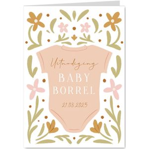 Uitnodiging babyborrel met rompertje en bloemen