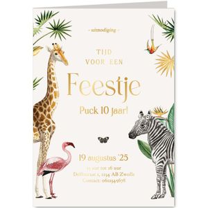 Enkele uitnodigingen kinderfeestje met jungle dieren en goud